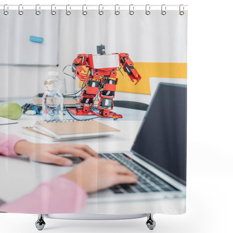 Personality  Cropped View Of Schoolgirl Sitting At Table With Robot Model And Using Laptop With Blank Screen During STEM Lesson   Shower Curtains