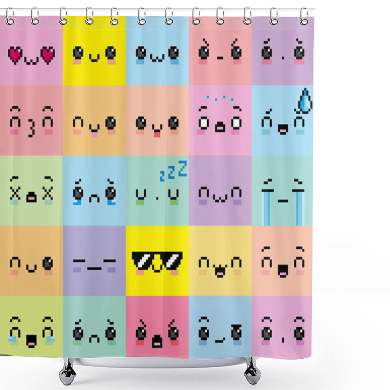 Personality  Set Of Different Cartoon Pixel Faces Shower Curtains