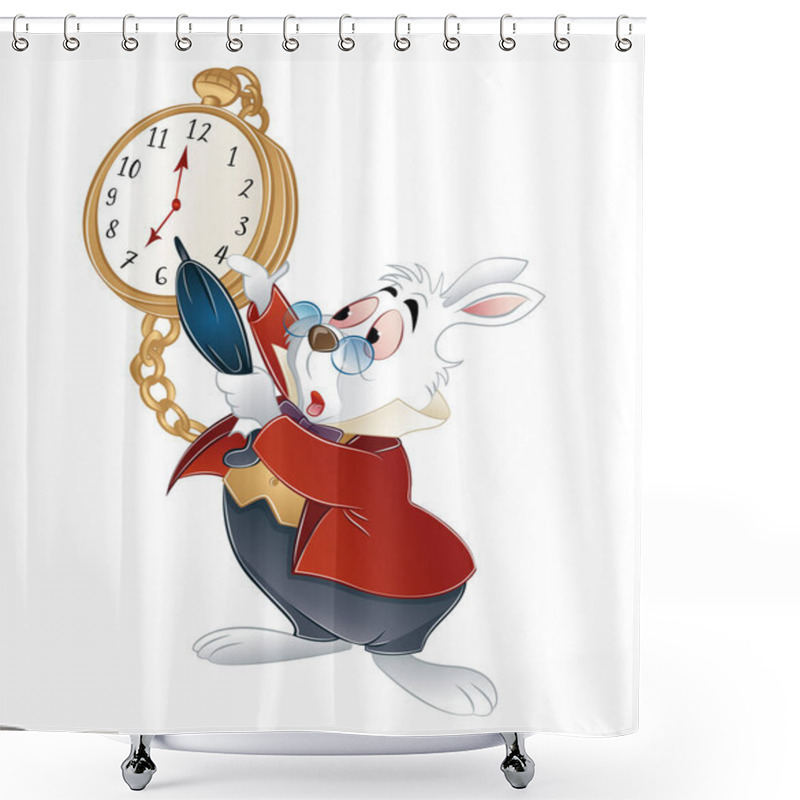 Personality  Rabbit In A Hurry Running To Wonderland Pointing To Time. Vector Illustration Shower Curtains