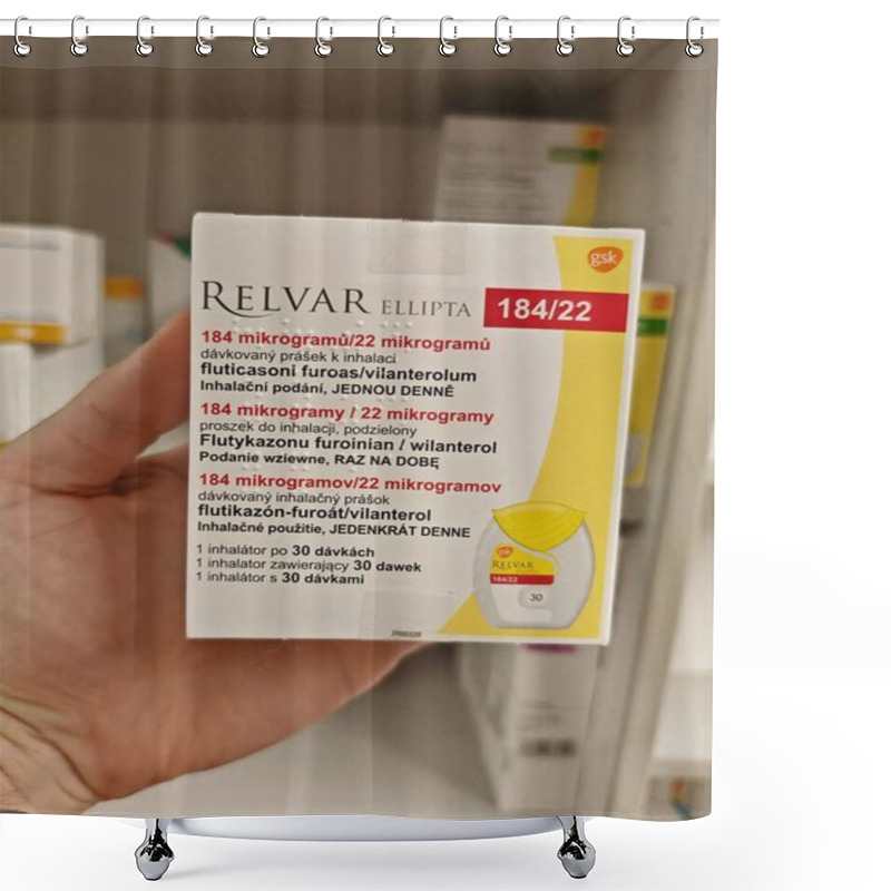 Personality  Prague, Czech Republic -December 5 2024: RELVAR ELLIPTA Inhaler With FLUTICASONE And VILANTEROL Active Substances By GLAXOSMITHKLINE, Used For Asthma And COPD. Shower Curtains