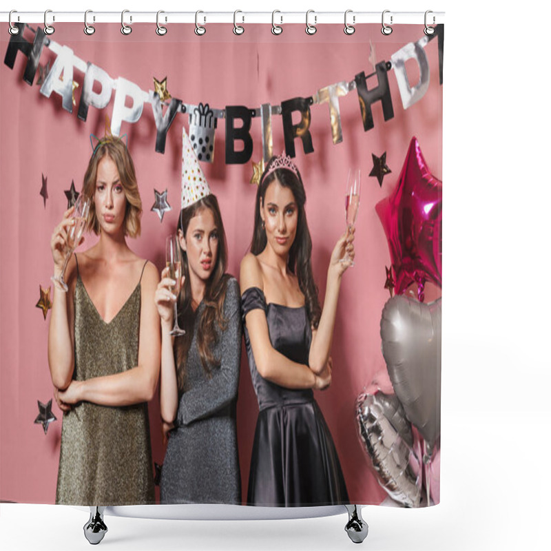 Personality  Image Of Upset Party Girls Drinking Champagne While Celebrating  Shower Curtains