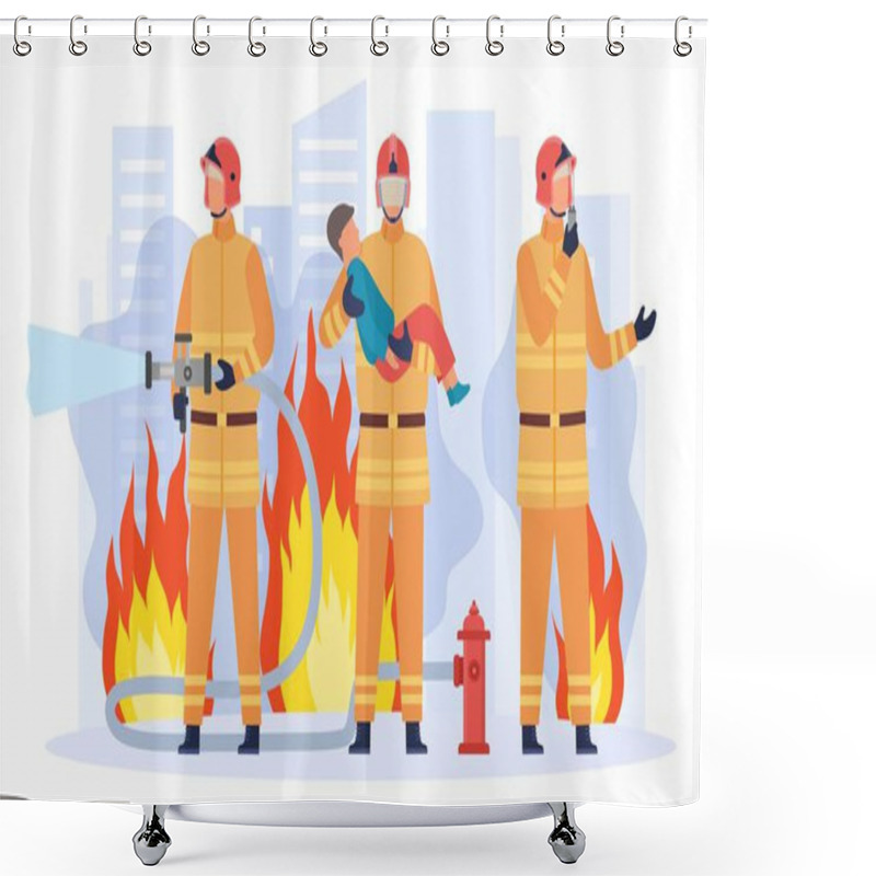 Personality  Flat Firefighter Department Team Group Saving City From Fire. Fireman In Uniform Rescue Kid. Emergency Service Put Out Flame Vector Concept Shower Curtains