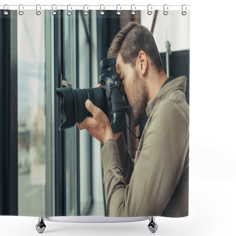 Personality  Photographer With Digital Photo Camera Shower Curtains