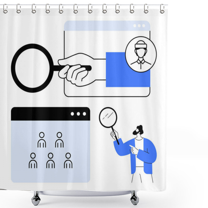 Personality  Magnifying Glass In Hand Over Web Profiles, Team Grid Interface, And User Inspection By A Character. Ideal For Recruitment, HR, Hiring, Talent Search, Research, Evaluation Abstract Line Flat Shower Curtains