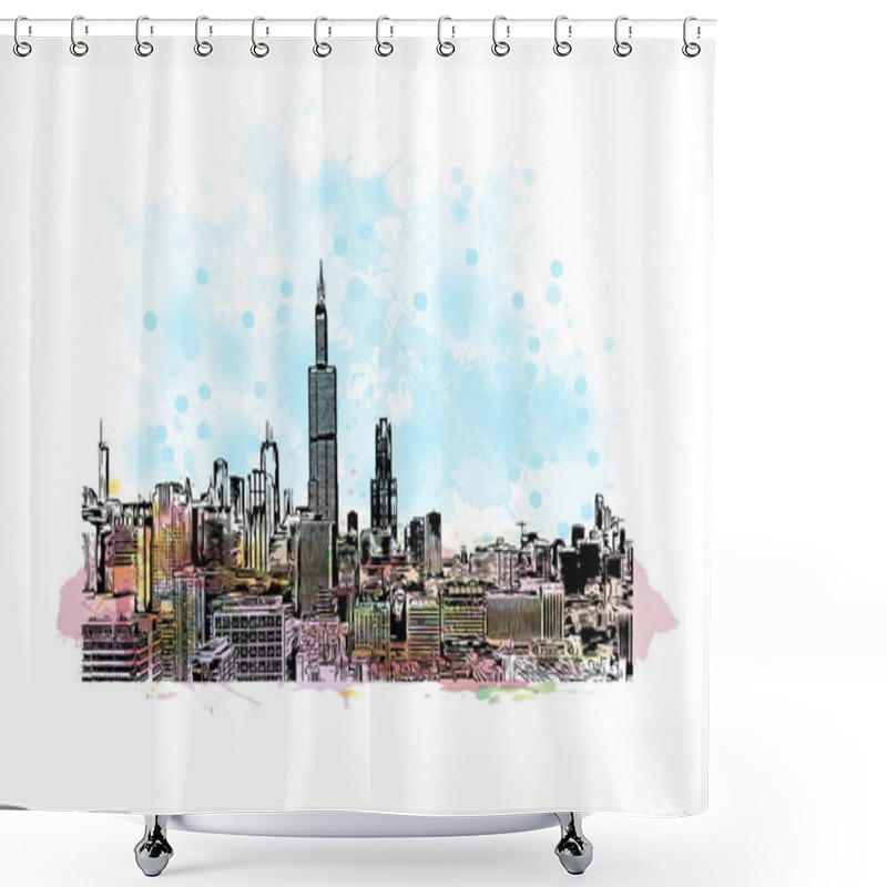 Personality  Print Building View With Landmark Of Chicago Is The Most Populous City In The U.S. State Of Illinois. Watercolour Splash With Hand Drawn Sketch Illustration In Vector. Shower Curtains