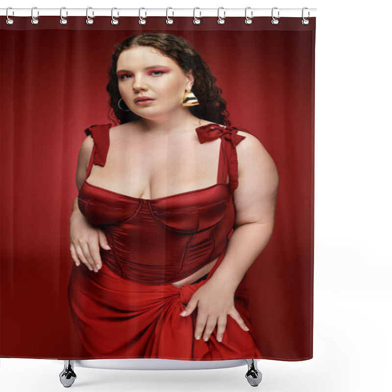 Personality  Young Woman In Bold Red Outfit Poses Confidently Against A Deep Red Background. Shower Curtains