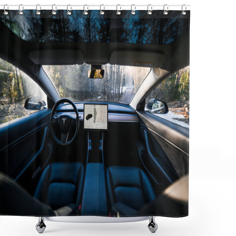 Personality  Tonsberg, Norway - March 18, 2021: Black Tesla Model 3 Long Range Dual Motor Is An Electric Car With Scandinavian Forest In The Background. Shower Curtains