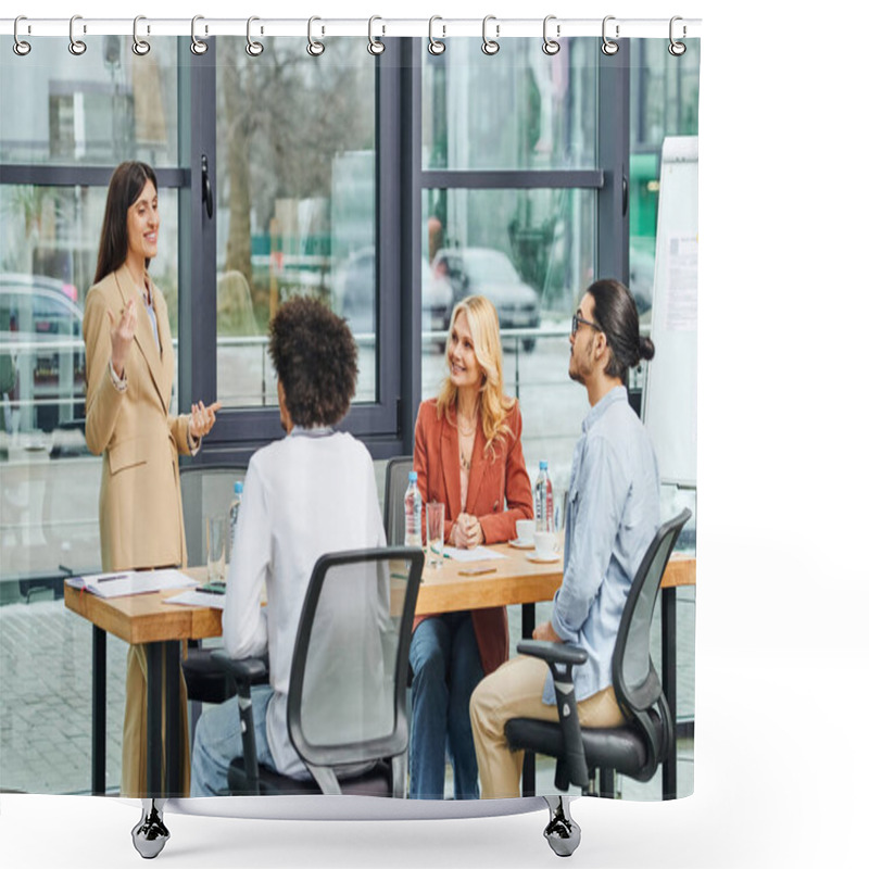 Personality  A Group Of Hardworking Job Seekers Discussing Strategies In An Office Meeting Room. Shower Curtains