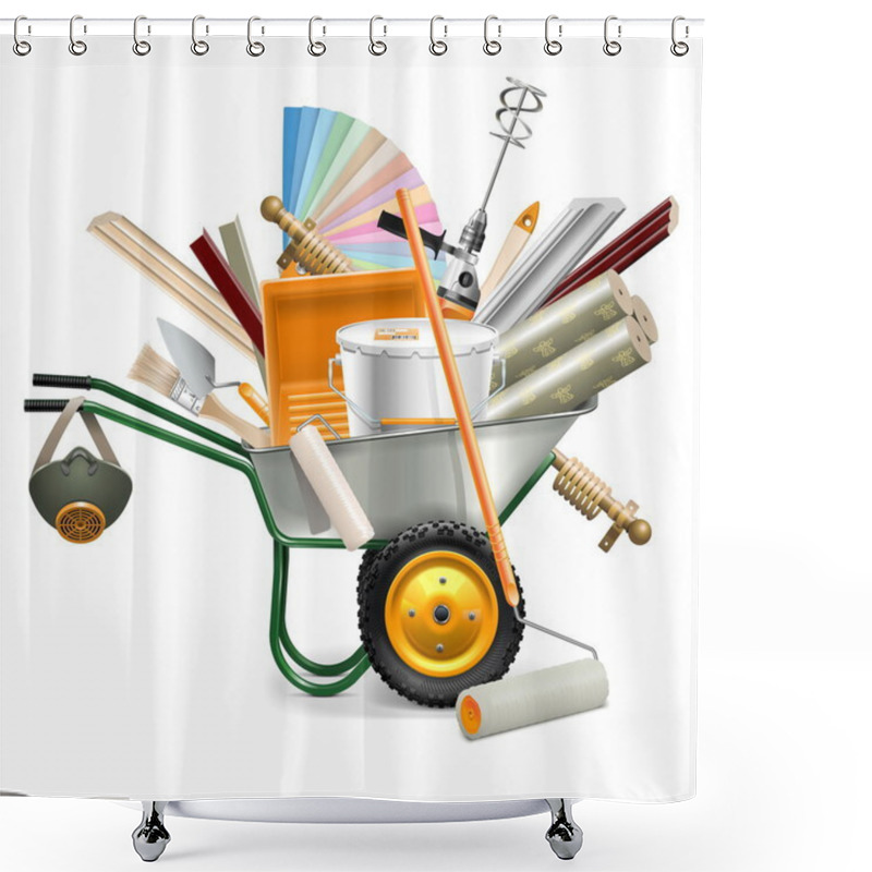 Personality  Vector Wheelbarrow With Painting Tools Shower Curtains