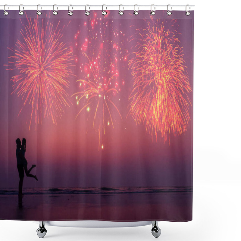 Personality  Happy Couple On The Beach Enjoying The Sunset: Concept Of Independence Of America And Valentines Day Shower Curtains