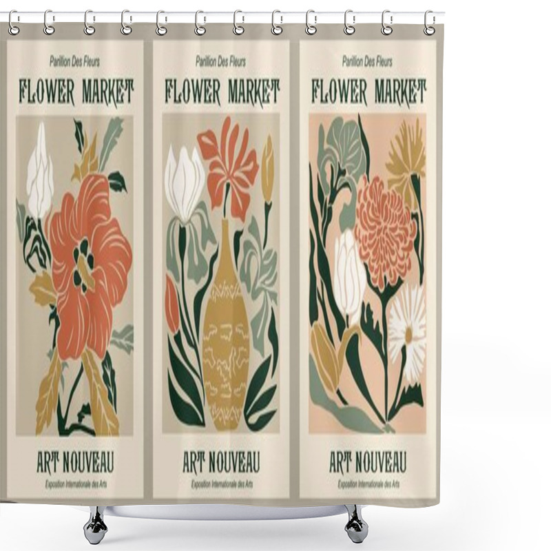 Personality  Set Of Abstract Flower Market Posters. Trendy Botanical Wall Arts With Floral Design In Art Nouveau Style. Modern Naive Groovy Funky Interior Decorations, Paintings. Vector Art. Shower Curtains