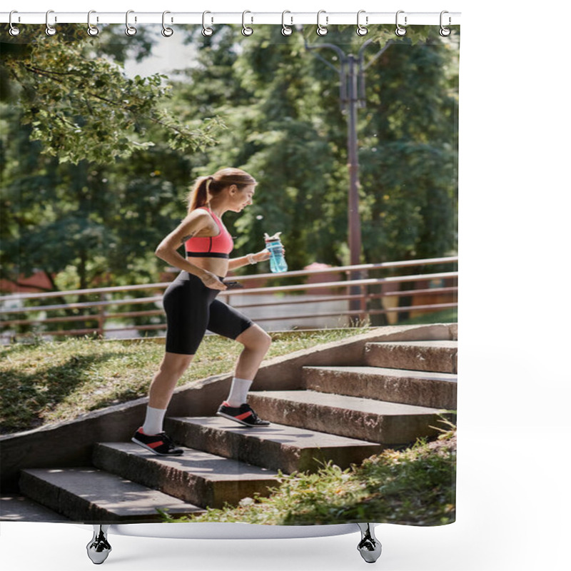 Personality  A Young Sportswoman With Vitiligo Walks Up A Set Of Stairs In A Park While Holding A Water Bottle. Shower Curtains