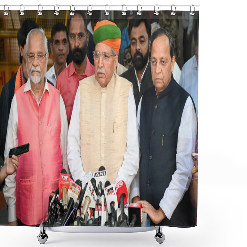 Personality  NEW DELHI INDIA NOVEMBER 11 2024 BJP Delegation Comprising Arjun Ram Meghwal Arun Singh Om Pathak Sanjay Mayukh And Shehzad Poonawalla Leaves After Meeting With Election Commission Of India ECI At Nirvachan Sadan On November 11 2024 In New Delhi Indi Shower Curtains