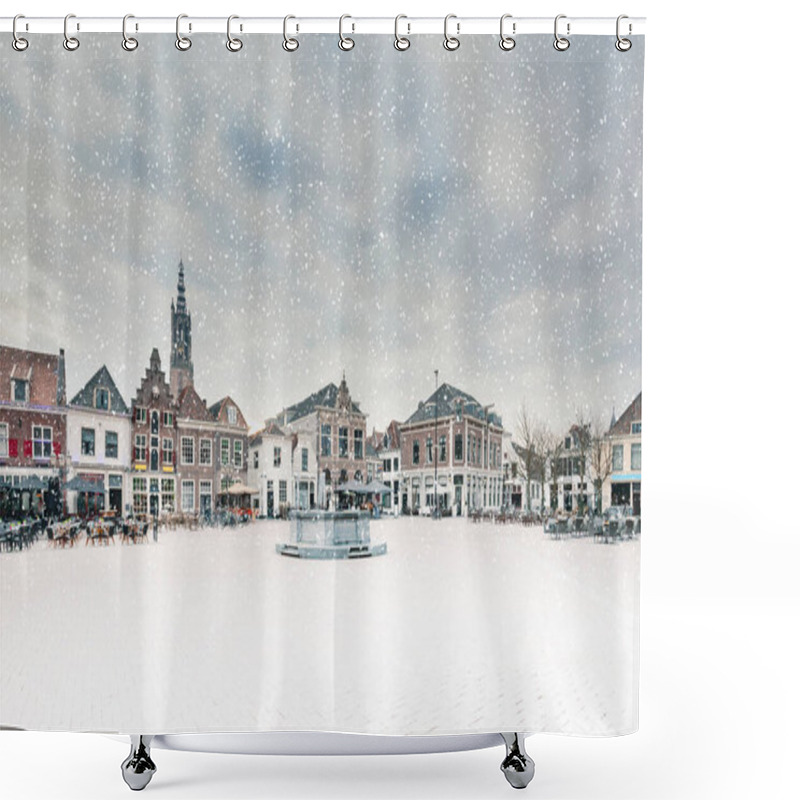 Personality  Winter View Of The Central Square With Ancient Buildings During Snowfall In The Dutch City Of Amersfoort, The Netherlands Shower Curtains