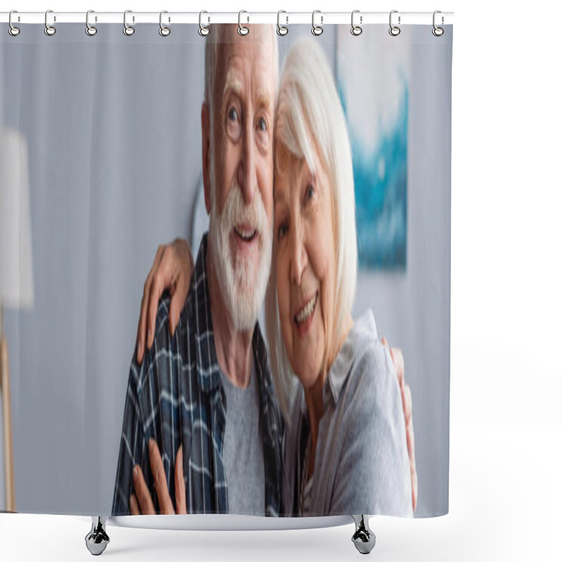 Personality  Horizontal Image Of Happy Senior Couple Smiling And Embracing While Looking At Camera Shower Curtains