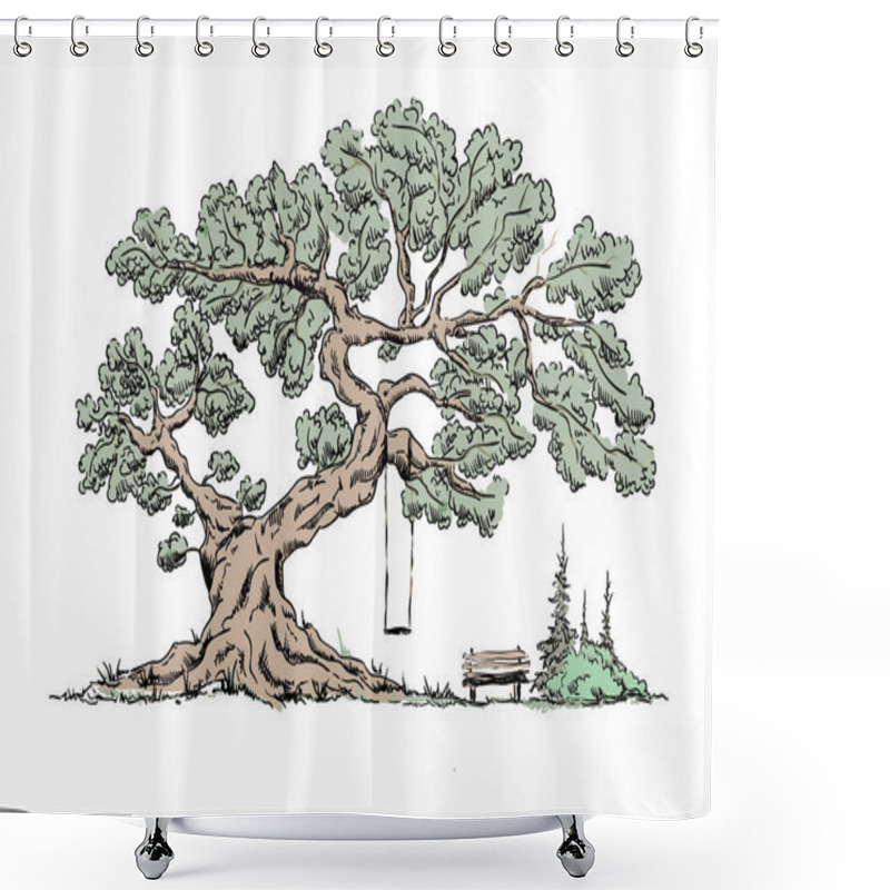 Personality  Vector - Big Old Tree - Isolated On Background -Happy Place , Bench Shower Curtains