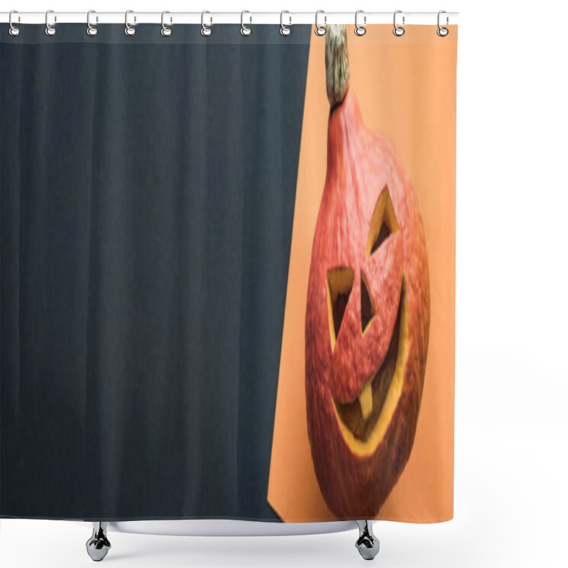 Personality  Panoramic Shot Of Halloween Pumpkin On Black And Orange Background Shower Curtains