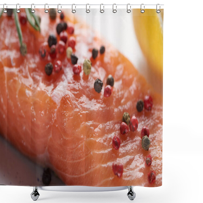 Personality  Close Up View Of Uncooked Fresh Salmon With Spicy Pepper Shower Curtains