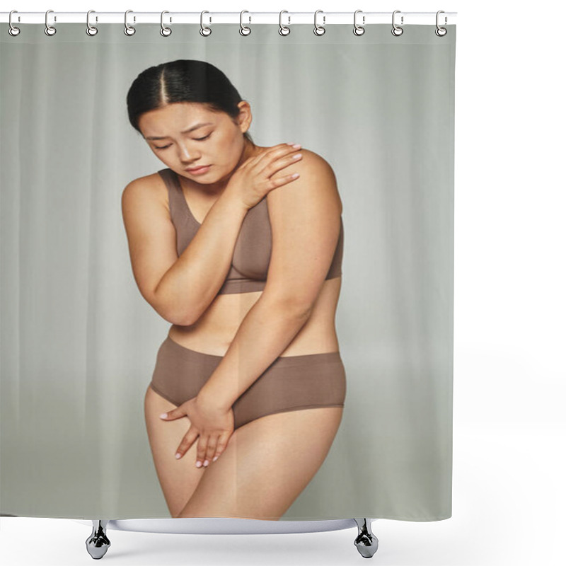 Personality  Sad Asian Woman In Underwear Covering Body While Embracing Herself On Grey Backdrop, Body Shaming Shower Curtains