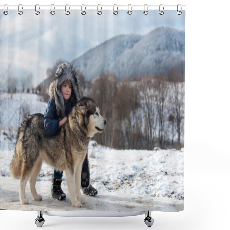 Personality  Little Boy With Husky Dog In The Snow Forest. Alaskan Or Canada Snow Landscape. Winter Kids. Theme Christmas Holidays Winter New Year. Shower Curtains