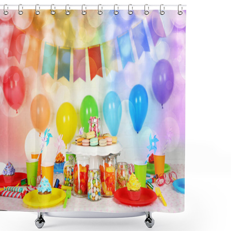 Personality  Prepared Birthday Table With Sweets For Children Party Shower Curtains