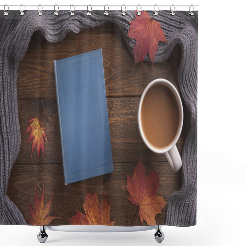 Personality  Autumn, Cozy Composition. Warm Scarf, Book, Cup Of Coffee, Maple Leaves, On Wooden Background. Flat Lay, Top View, Copy Space. Shower Curtains