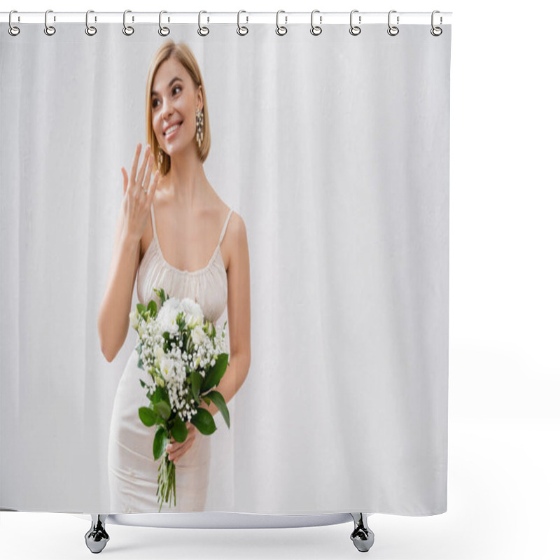 Personality  Wedding Theme, Gorgeous Blonde Bride In Wedding Dress Holding Bouquet And Showing Engagement Ring, White Flowers, Bridal Accessories, Happiness, Grey Background, Special Occasion   Shower Curtains