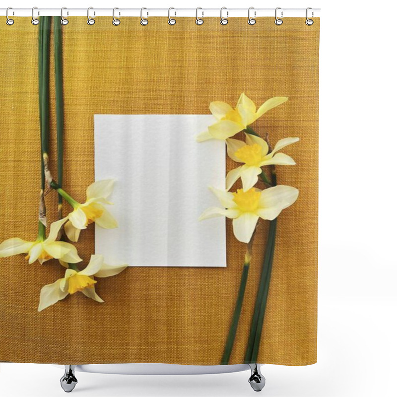 Personality  Fresh Yellow Flowers With A Blank Card On A Textured Golden Background. Shower Curtains