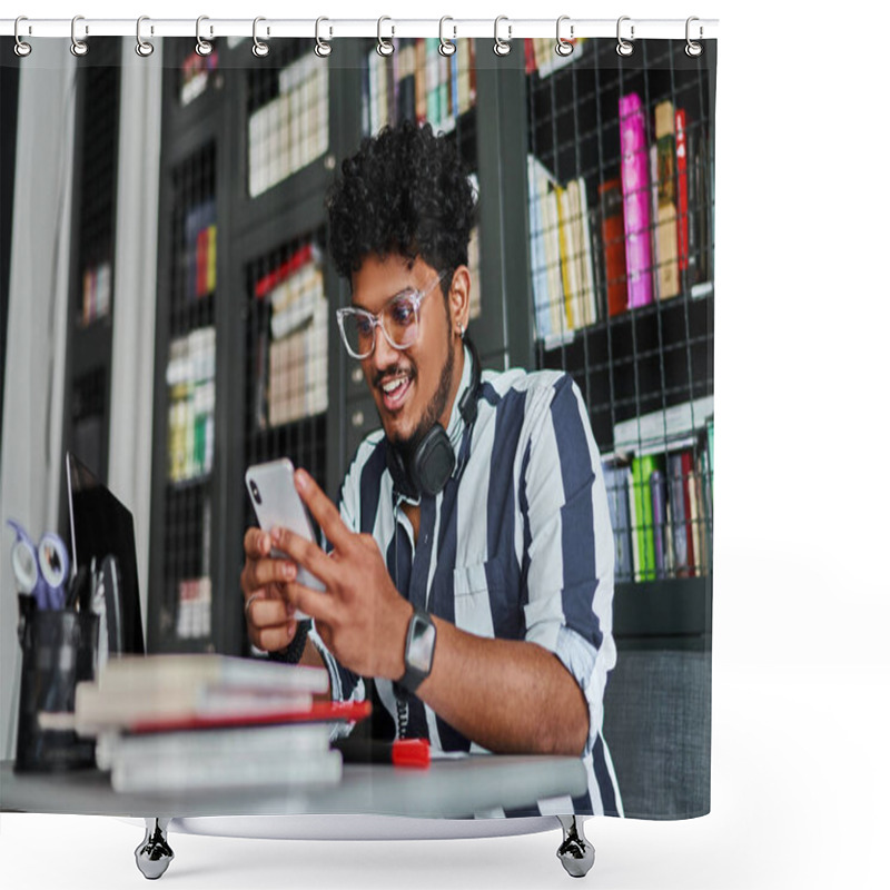 Personality  Portrait Of A Handsome Indian Student, Teacher, He Uses His Modern Smartphone. Modern Indian University Teacher. Shower Curtains