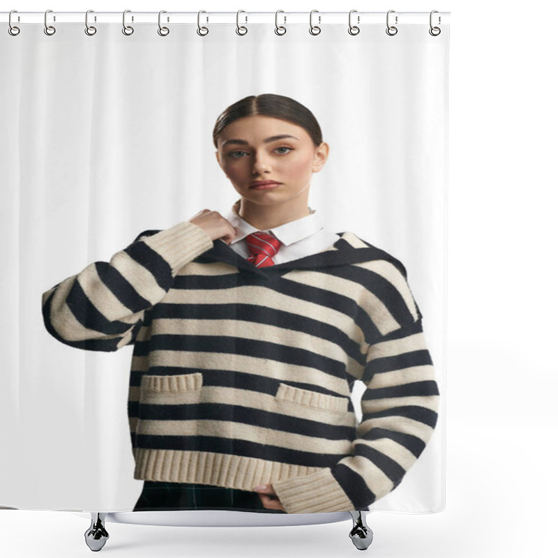 Personality  A Young Beautiful Woman Wearing A Striped Sweater Looks Thoughtfully With A Serious Expression. Shower Curtains