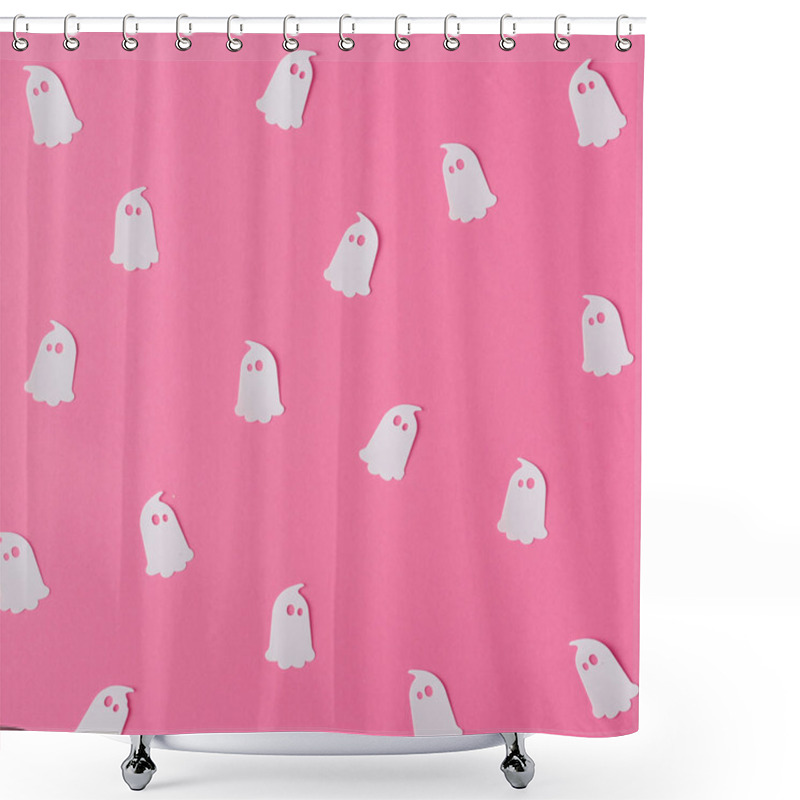 Personality  Creative Pink Pattern Made Of Ghosts. Minimal Flat Lay. Halloween Concept. Shower Curtains