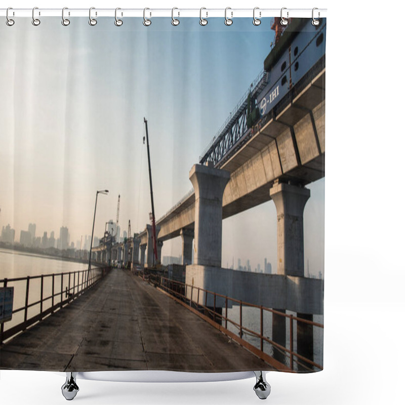 Personality  MUMBAI/INDIA - December 4, 2020: A View Of Under-construction Of Mumbai Trans Harbour Link Also Known As The Sewri Nhava Sheva Trans Harbour Link. Shower Curtains