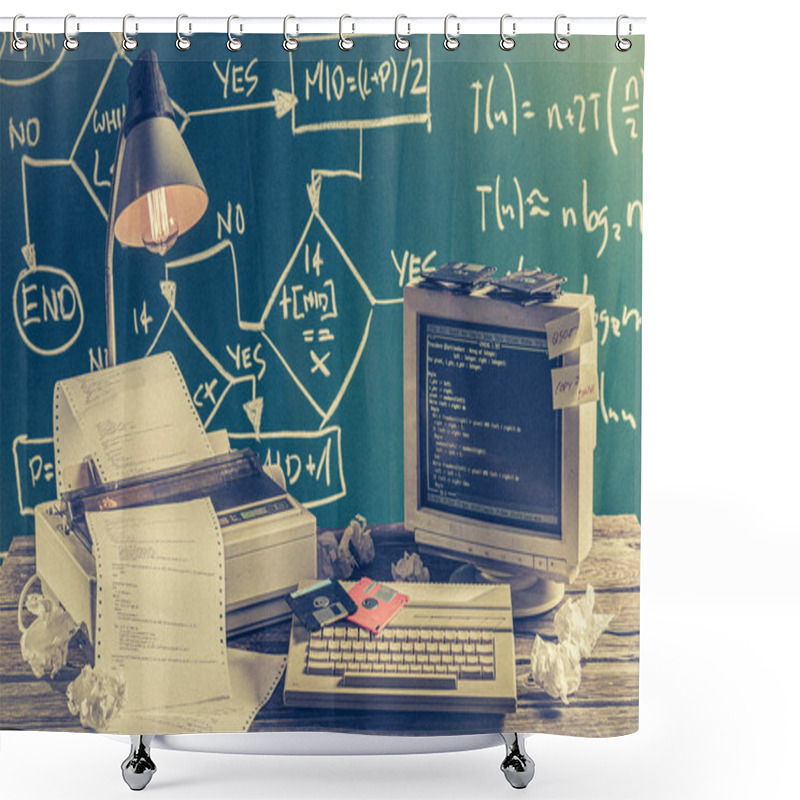 Personality  Programming Work In Computer Lab On Green Blackboard Background Shower Curtains