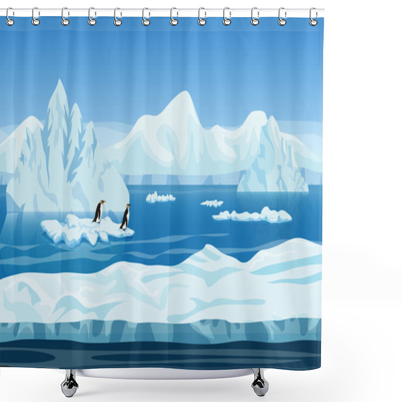 Personality  Cartoon Nature Winter Arctic Ice Landscape With Iceberg, Snow Mountains Hills And Penguins. Vector Game Style Illustration. Seamless Background For Games. Shower Curtains