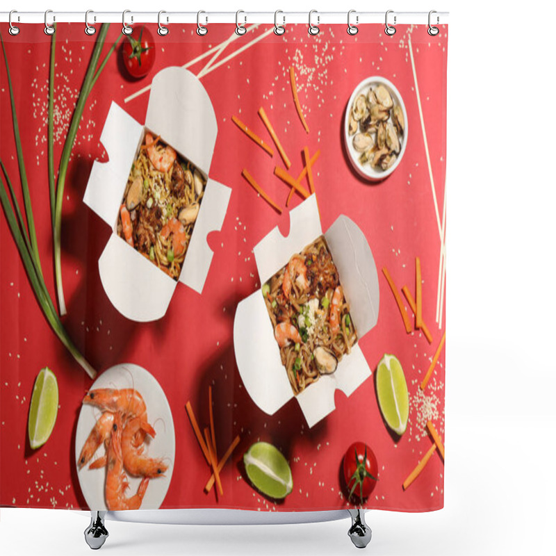 Personality  Flat Lay Composition With Noodle Wok And Ingredients On Red Background Shower Curtains