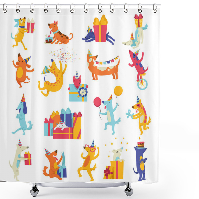 Personality  Dog At Birthday Party In Cone Hat With Gift Box Having Fun Big Vector Set. Cute Puppy Engaged In Festive Holiday Celebration Shower Curtains