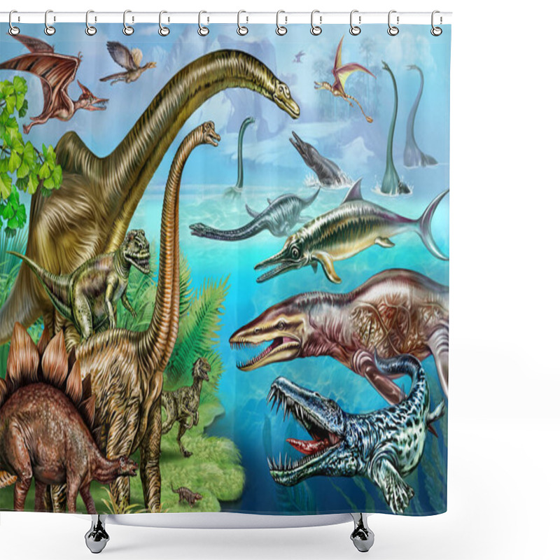 Personality  Dinosaurs Of The Jurassic Period Of The Mesozoic Era In The Background Of The Landscape, Land And Sea Animals, Color Poster, Illustration, Realistic Drawing Shower Curtains