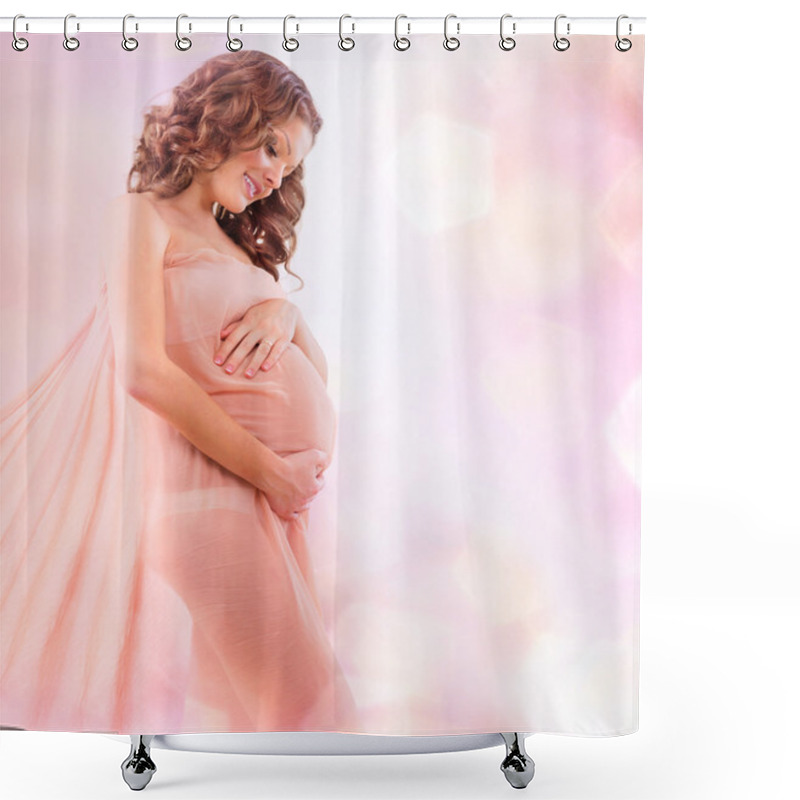 Personality  Beauty Pregnant Woman In Blowing Pink Chiffon Shawl Shower Curtains