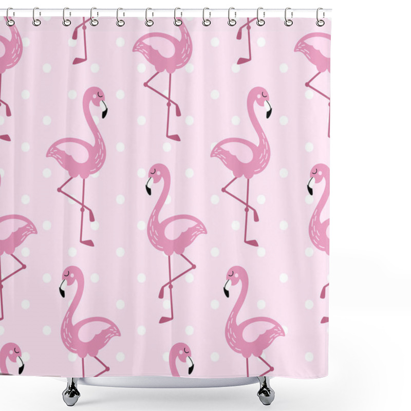 Personality  Flamingo Seamless Pattern With Polka Dots Design. Cute Pink Tropical Wallpaper And Fabric Print. Doodle Vector Illustration For Girls. Shower Curtains