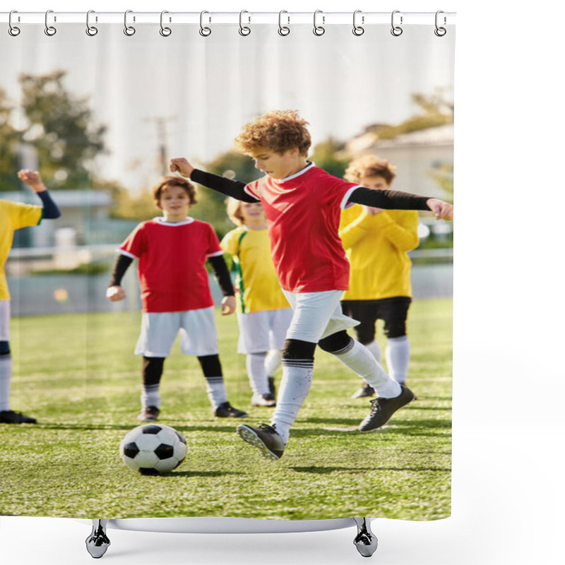 Personality  A Group Of Children Energetically Playing Soccer On A Vibrant Green Field, Kicking The Ball, Running, Laughing, And Cheering Each Other On Under The Bright Sun. Shower Curtains