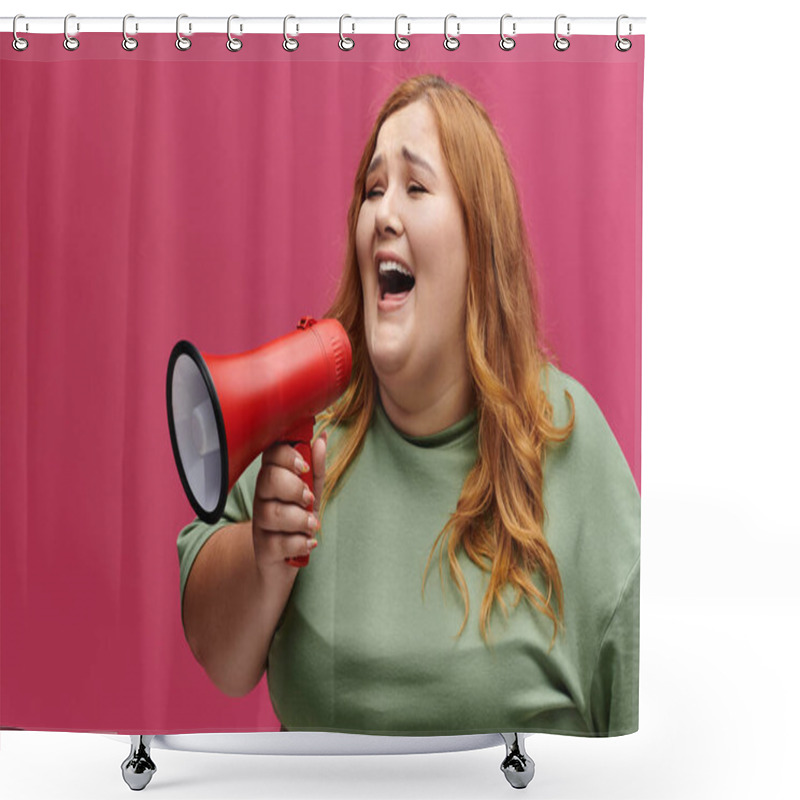 Personality  A Woman With Long, Red Hair Smiles And Shouts Through A Megaphone. Shower Curtains