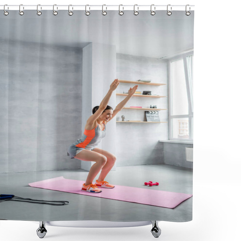 Personality  Side View Of Sportswoman Squatting With Hands In Air Near Sport Equipment  Shower Curtains