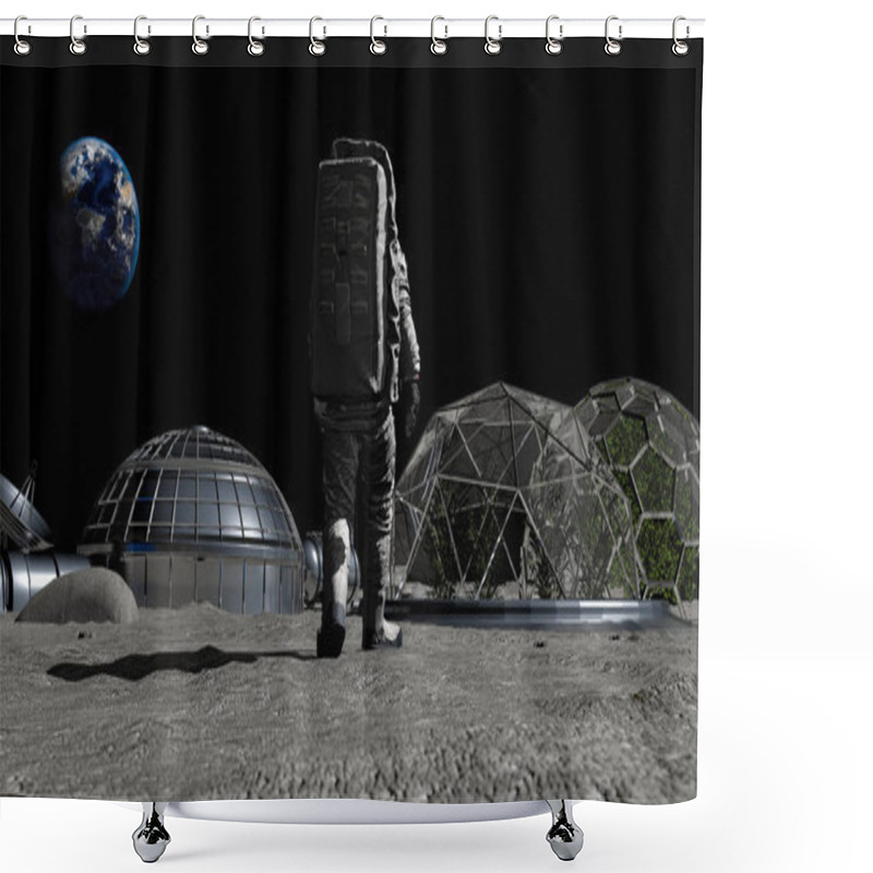 Personality  3D Rendering. Sci-fi Scene. The Colony Of The Future On The Moon. Astronaut Walking On The Moon. CG Animation. Elements Of This Image Furnished By NASA. Shower Curtains