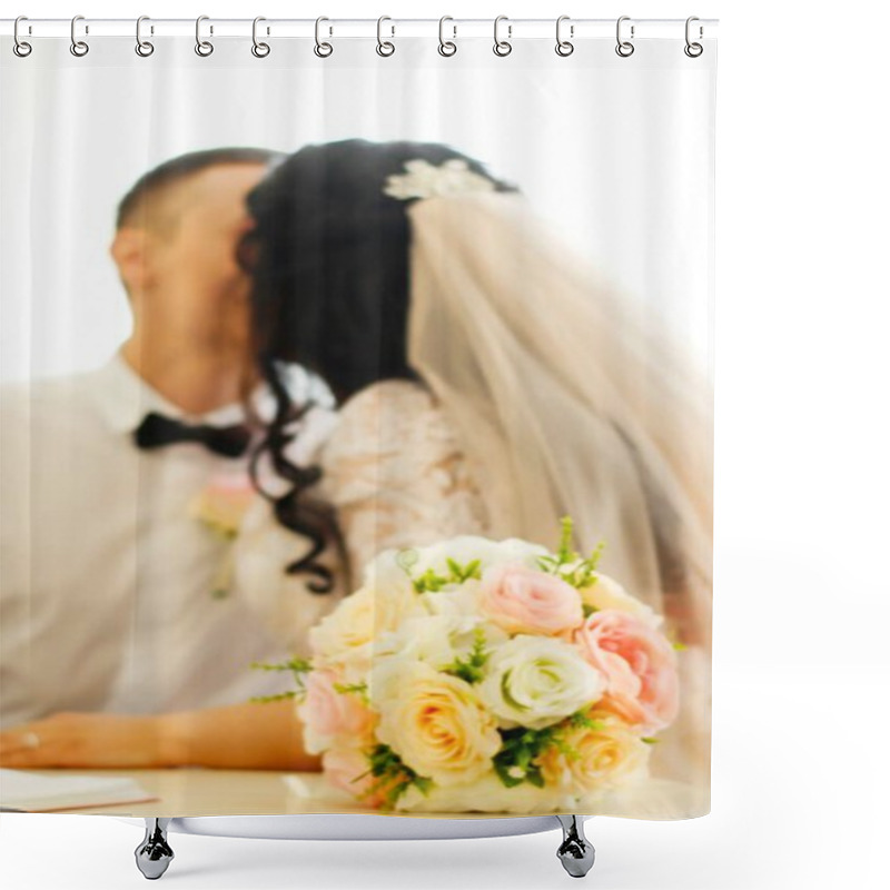 Personality  Blurry Photo Of The Bride And Her Fiance On Their Wedding Day. Bouquet In The Foreground. Shower Curtains