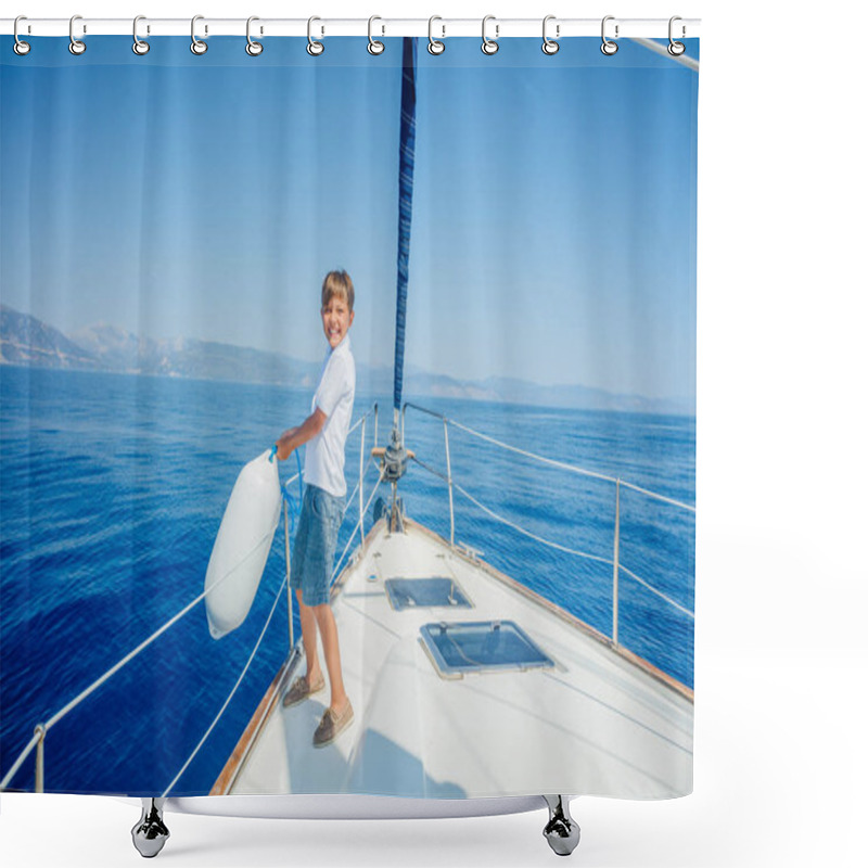 Personality  Little Boy On Board Of Sailing Yacht On Summer Cruise. Shower Curtains