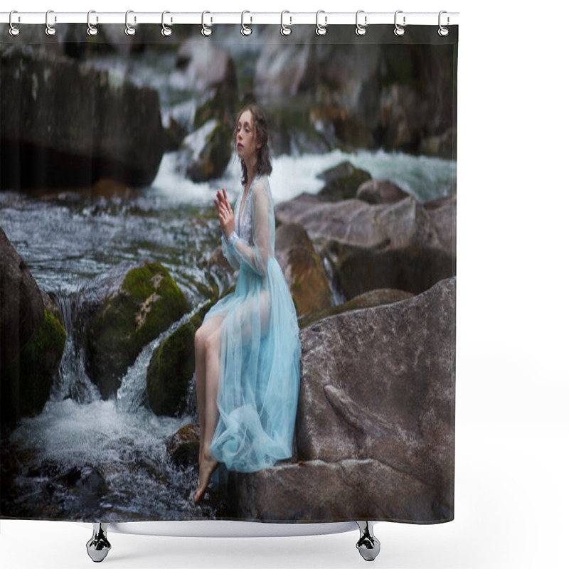 Personality  The Tale Of The Mermaid. Tale Of The River Nymph. Girl In A Blue Dress By The River. Photosession In Altai Shower Curtains