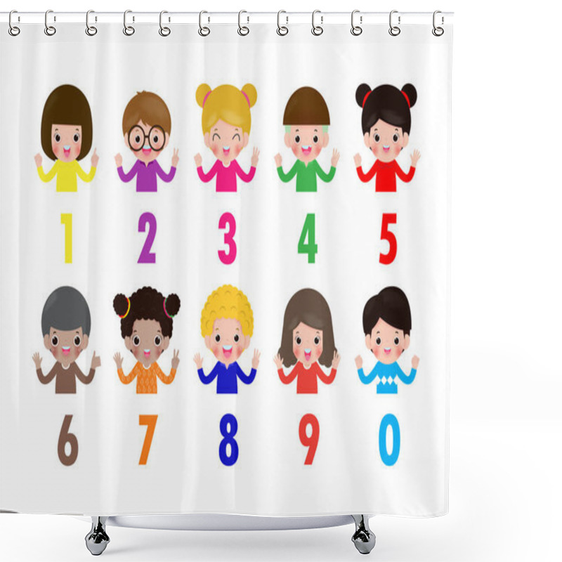 Personality  Happy Children Hand Showing The Number Zero One Two Three Four Five Six Seven Eight Nine Kids Showing Numbers 0-9 By Fingers. Education Concept, Cute Kids Learning Material Vector Illustration Shower Curtains