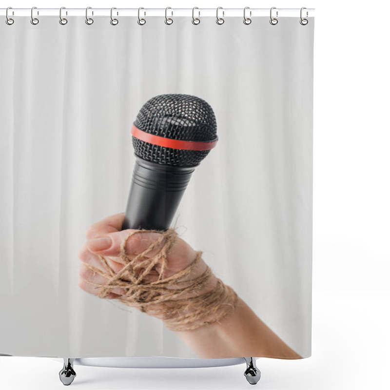 Personality  Cropped View Of Young Woman With Tied Hand Holding Microphone Isolated On White, Freedom Of Speech Concept  Shower Curtains