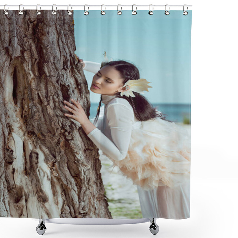 Personality  Elegant Woman In White Swan Costume Standing Near Three Trunk Shower Curtains