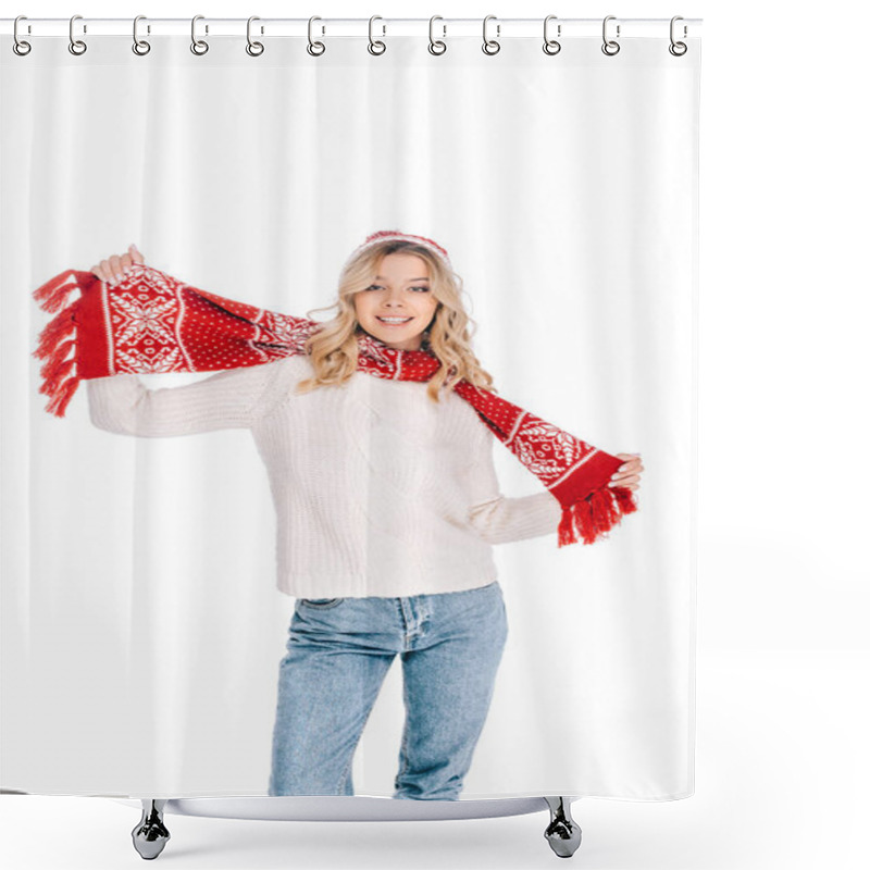 Personality  Beautiful Young Woman In Sweater, Scarf And Hat Smiling At Camera Isolated On White Shower Curtains